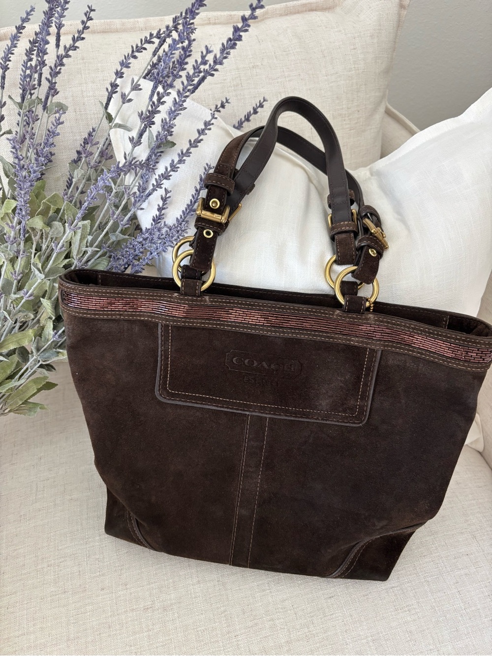 🍃🦋 Coach Dark Chocolate Brown Suede Logo Beaded Tote